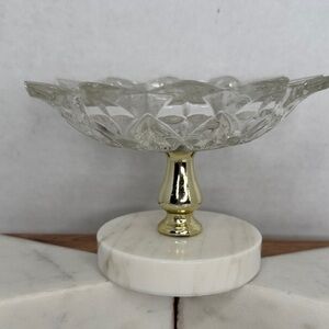 Vintage Gold Plated Pedestal Crystal Dish on Marble Base